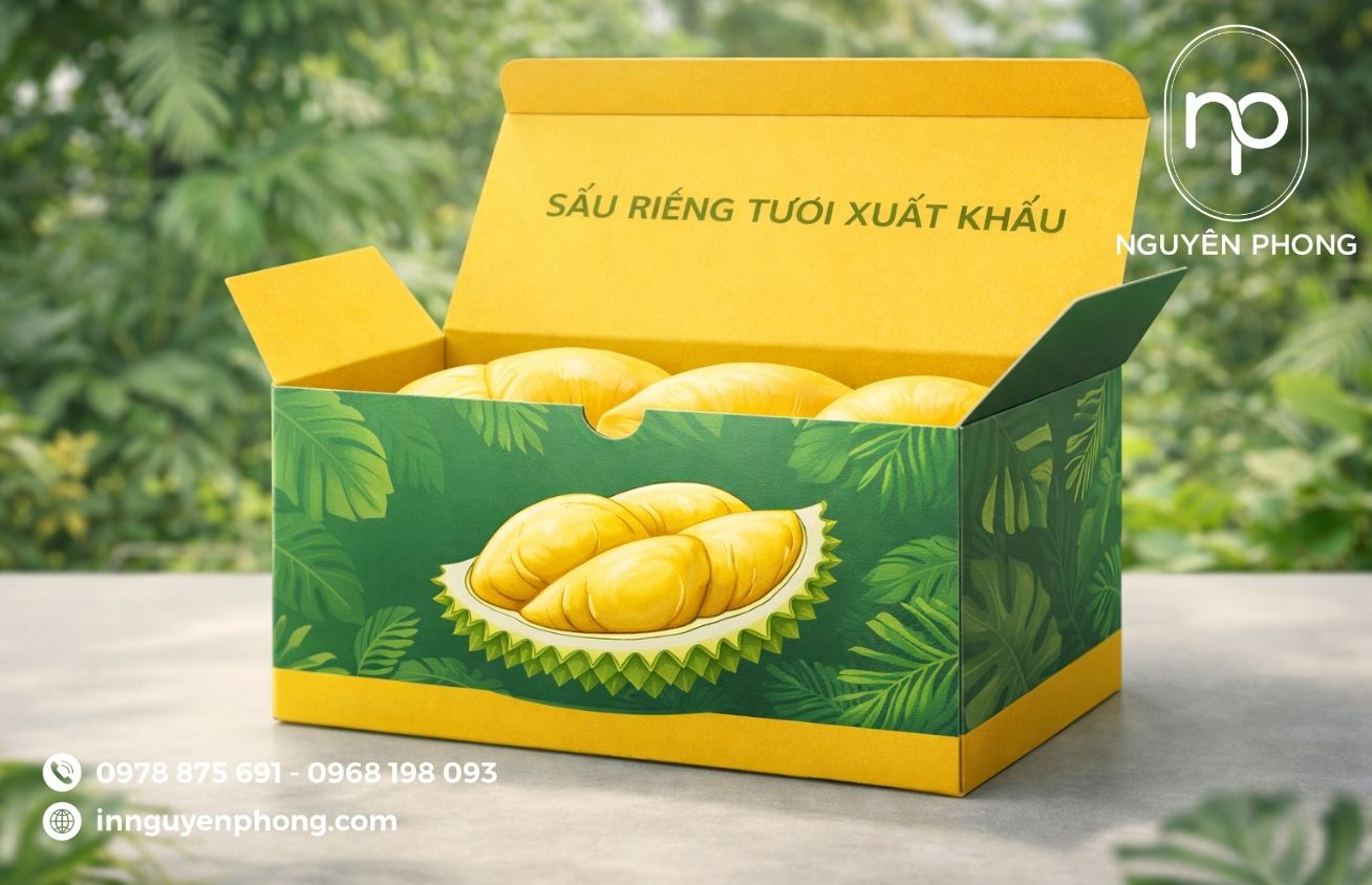 Mẫu in thùng carton đựng sầu riêng in hình sắc nét 